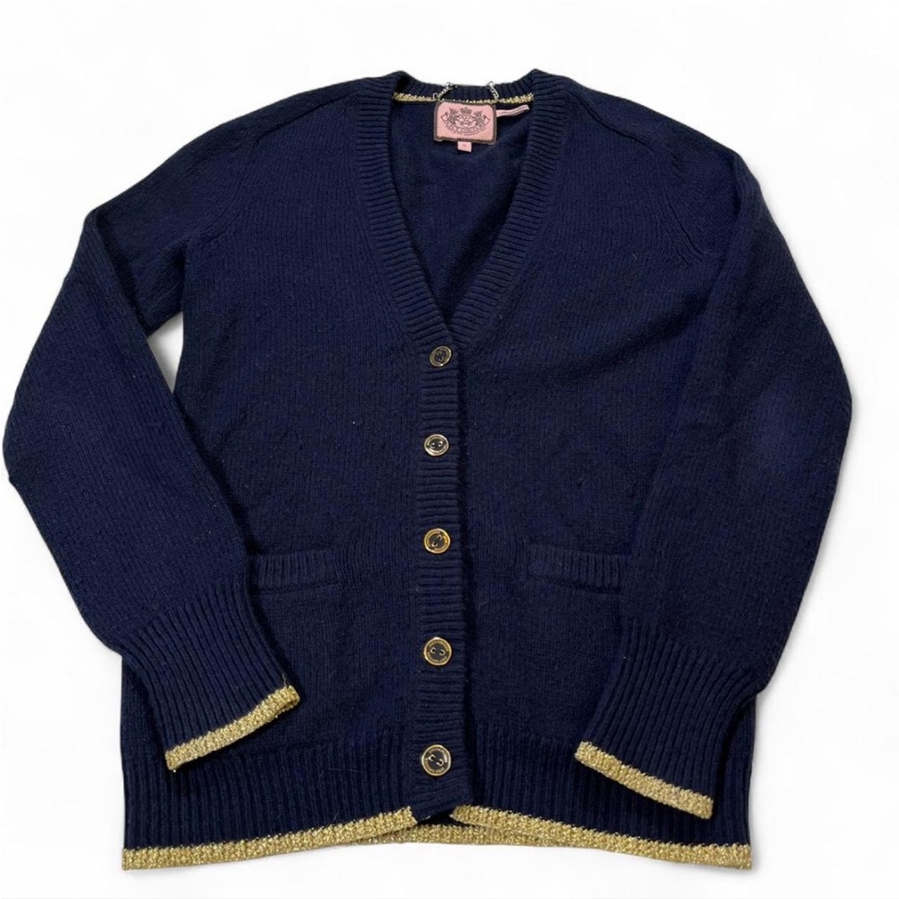Juicy Couture Vintage Y2K Navy/Gold Button V-Neck‎ Sweater Size S